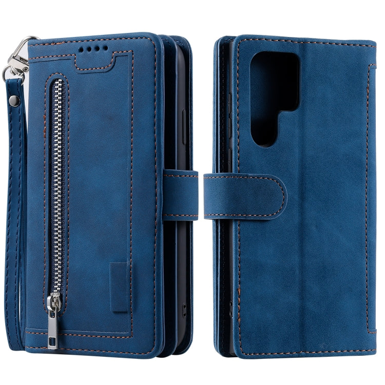 For Samsung Galaxy S25 Ultra 5G Nine Card Zipper Bag Leather Phone Case with Lanyard(Blue) by buy2fix