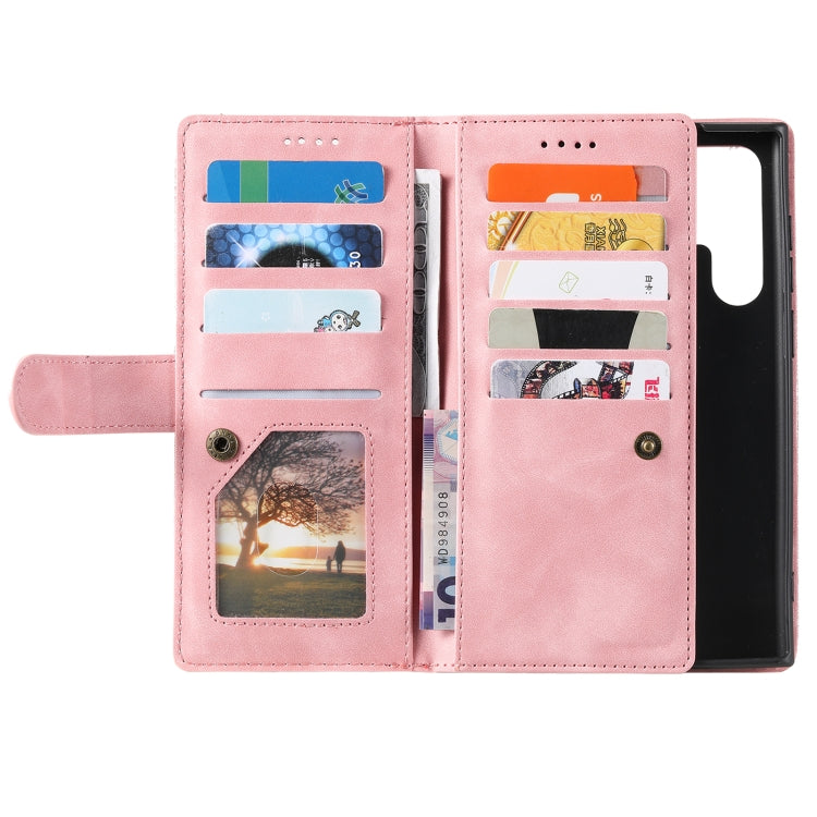 For Samsung Galaxy S25 Ultra 5G Nine Card Zipper Bag Leather Phone Case with Lanyard(Pink) by buy2fix