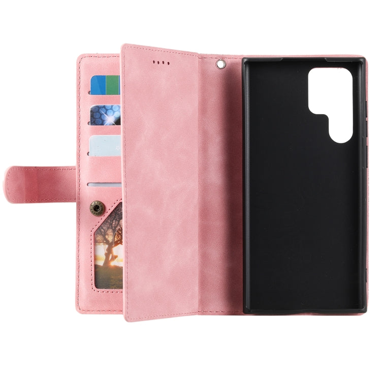 For Samsung Galaxy S25 Ultra 5G Nine Card Zipper Bag Leather Phone Case with Lanyard(Pink) by buy2fix