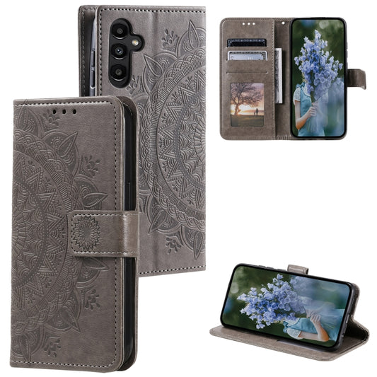 For Samsung Galaxy S25+ 5G Totem Flower Embossed Leather Phone Case with Lanyard(Grey) - Galaxy S25+ 5G Cases by buy2fix | Online Shopping UK | buy2fix