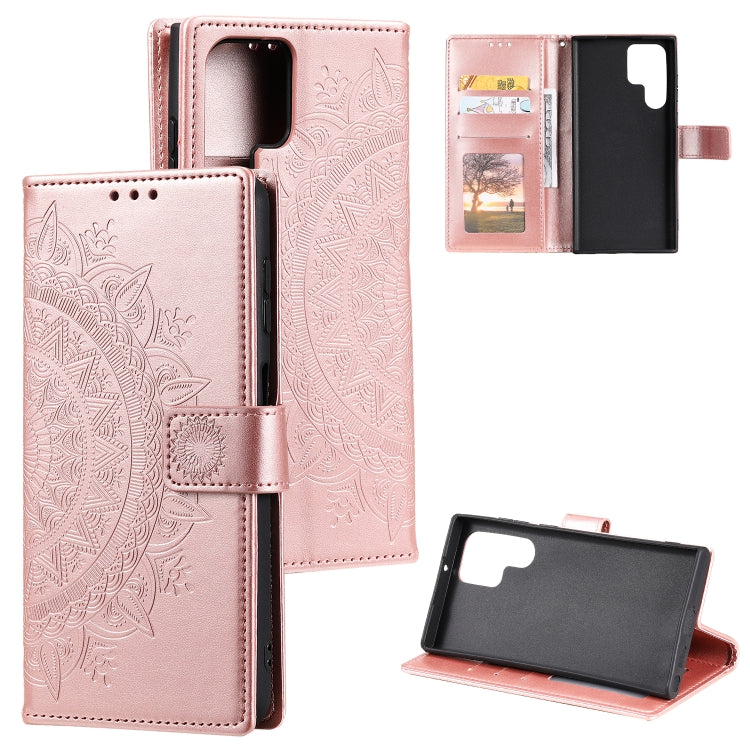 For Samsung Galaxy S25 Ultra 5G Totem Flower Embossed Leather Phone Case with Lanyard(Rose Gold) by buy2fix