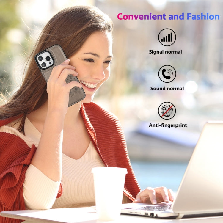 For iPhone 16 Pro Max Double Buckle Mandala Leather Wallet Back Cover Phone Case(Grey) by buy2fix