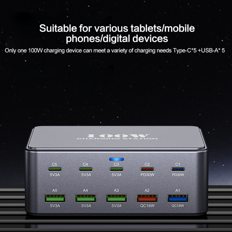 HW33 100W Type-C + USB 10-Port Desktop Fast Charger, Plug Type:US Plug - Multifunction Charger by buy2fix | Online Shopping UK | buy2fix