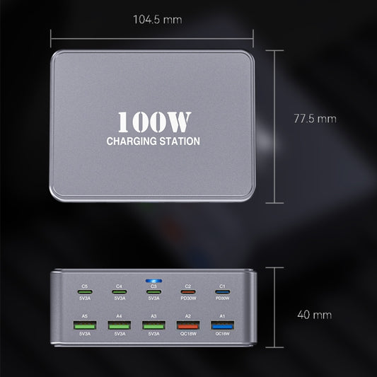 HW33 100W Type-C + USB 10-Port Desktop Fast Charger, Plug Type:UK Plug - Multifunction Charger by buy2fix | Online Shopping UK | buy2fix