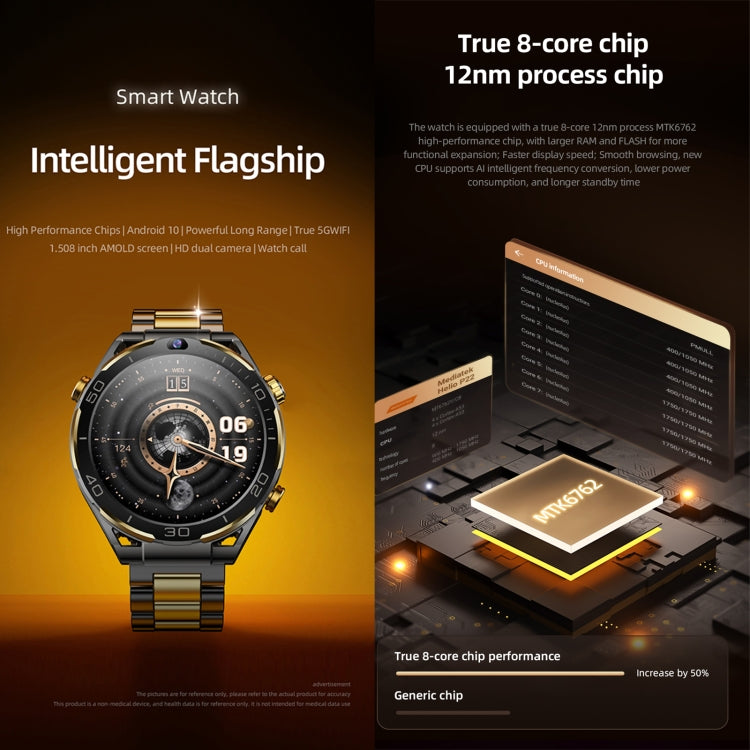 T7 1.508 inch 4G LTE Android 10 Smart Watch, 6GB+128GB, MTK6762 Octa Core, Support Heart Rate / Blood Oxygen(Gold) by buy2fix