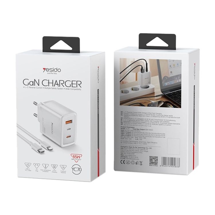 Yesido YC70 65W Type-C, USB, 8 Pin Reverse GaN Fast Charger with Type-C to 8 Pin Cable(EU Plug) - USB Charger by Yesido | Online Shopping UK | buy2fix
