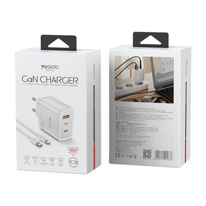Yesido YC70 65W Type-C, USB, 8 Pin Reverse GaN Fast Charger with Type-C to 8 Pin Cable(EU Plug) - USB Charger by Yesido | Online Shopping UK | buy2fix