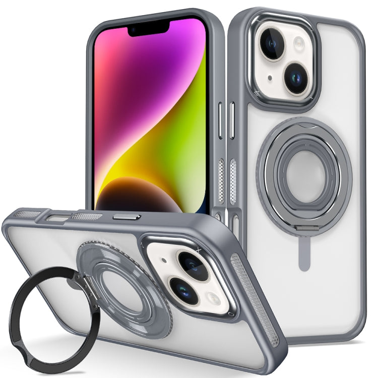 For iPhone 14 Skin Feel Transparent 360 Degree Rotating Silicone Ring Holder Phone Case(Grey) - iPhone 14 Cases by buy2fix | Online Shopping UK | buy2fix