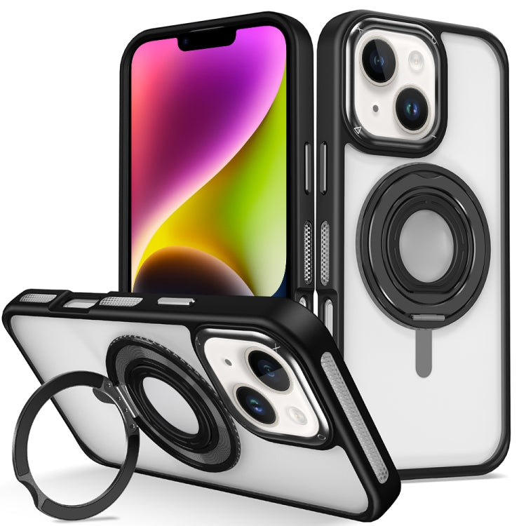 For iPhone 14 Skin Feel Transparent 360 Degree Rotating Silicone Ring Holder Phone Case(Black) - iPhone 14 Cases by buy2fix | Online Shopping UK | buy2fix