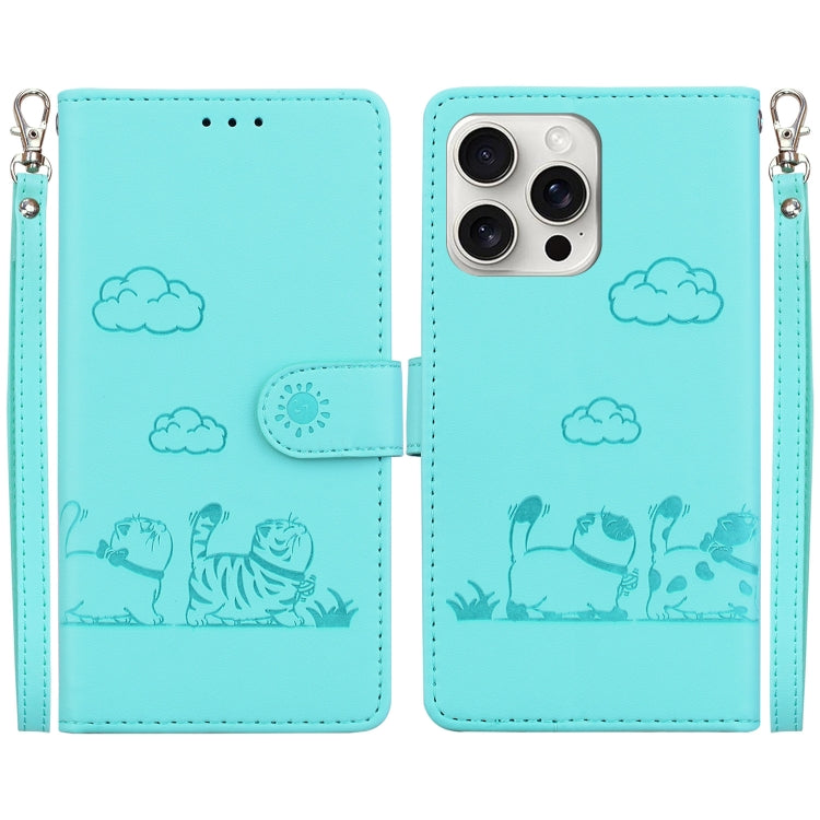 For iPhone 16 Pro Max Cute Cats RFID Leather Phone Case(Green) by buy2fix