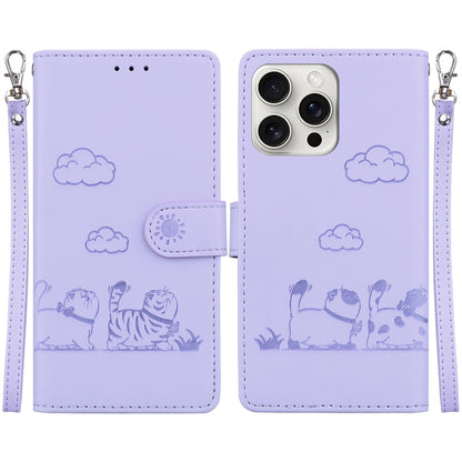 For iPhone 16 Pro Max Cute Cats RFID Leather Phone Case(Purple) by buy2fix