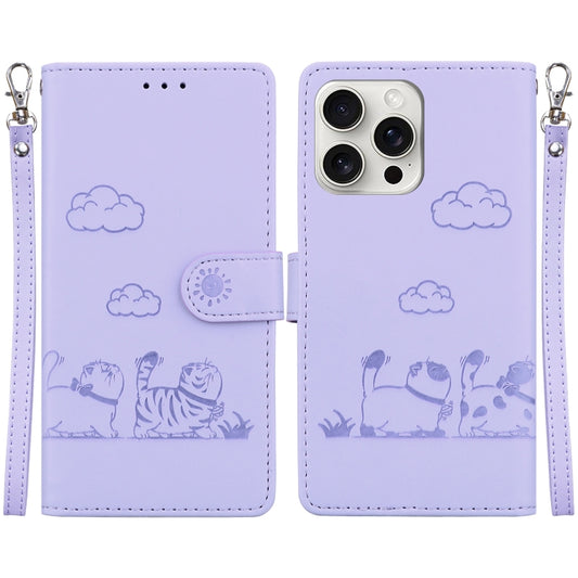 For iPhone 16 Pro Max Cute Cats RFID Leather Phone Case(Purple) by buy2fix