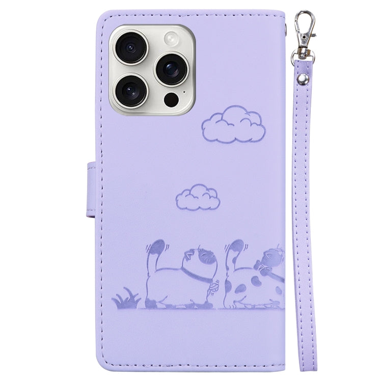 For iPhone 16 Pro Max Cute Cats RFID Leather Phone Case(Purple) by buy2fix