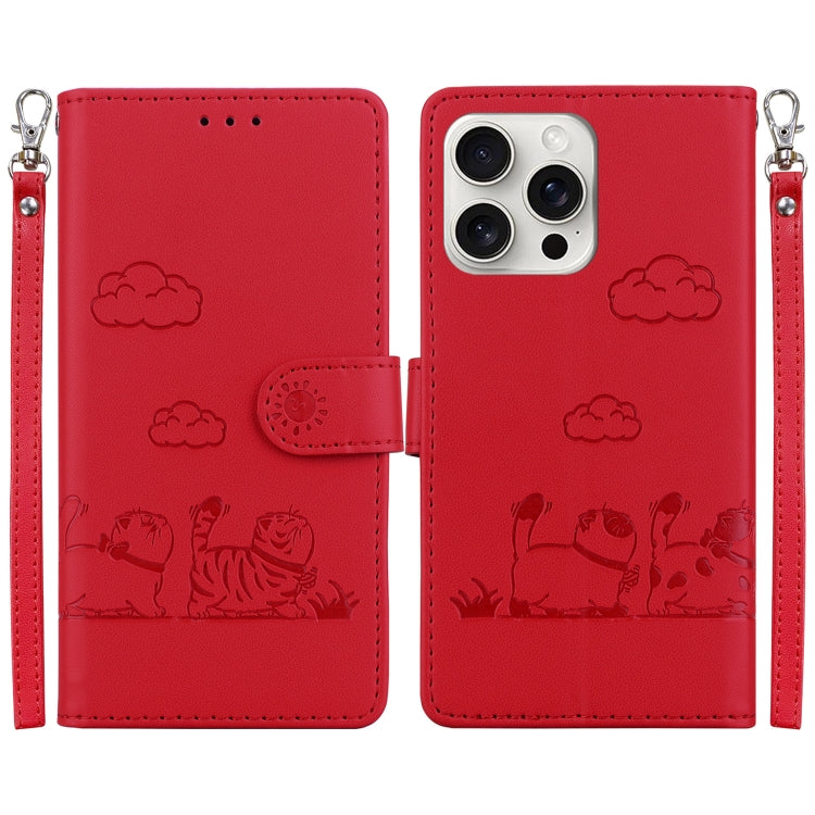 For iPhone 16 Pro Max Cute Cats RFID Leather Phone Case(Red) by buy2fix