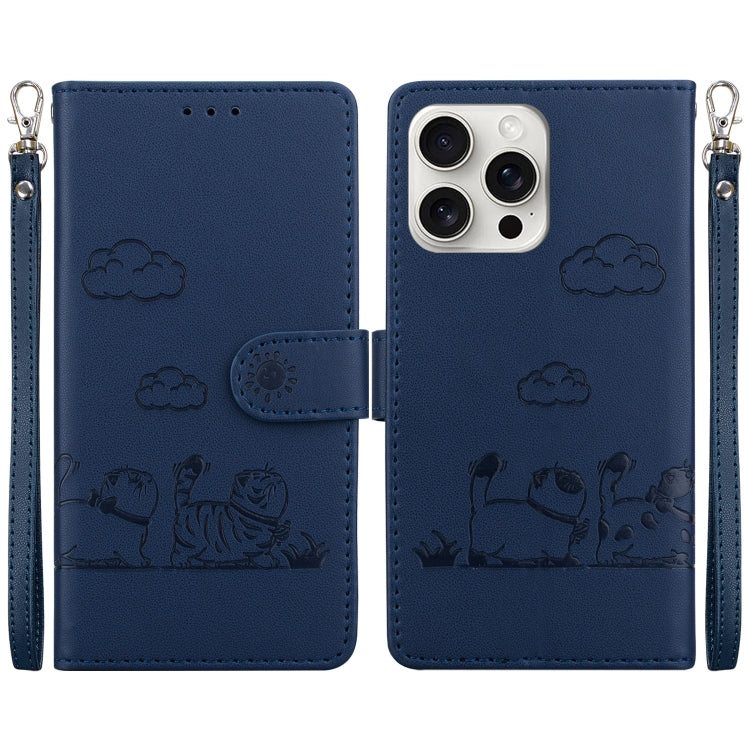 For iPhone 16 Pro Max Cute Cats RFID Leather Phone Case(Blue) by buy2fix