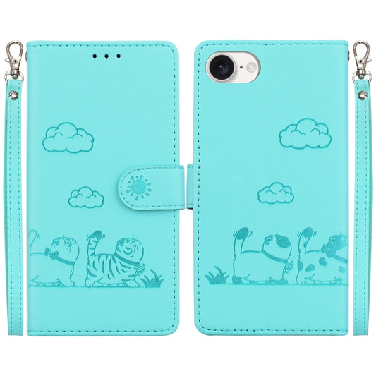 For iPhone 16e Cute Cats RFID Leather Phone Case(Green) by buy2fix