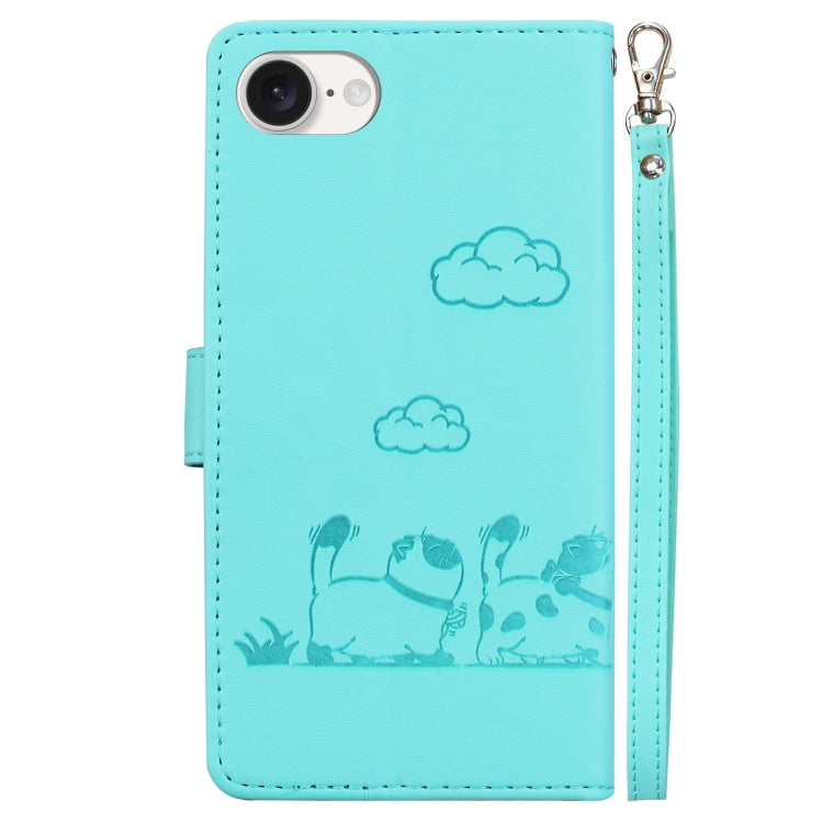 For iPhone 16e Cute Cats RFID Leather Phone Case(Green) by buy2fix