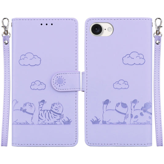 For iPhone 16e Cute Cats RFID Leather Phone Case(Purple) by buy2fix