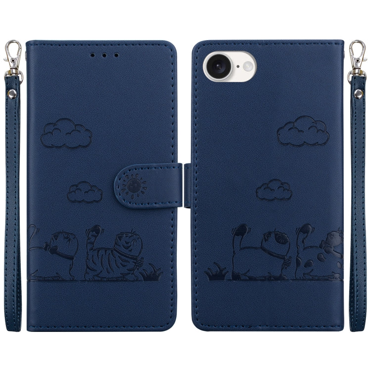 For iPhone 16e Cute Cats RFID Leather Phone Case(Blue) by buy2fix