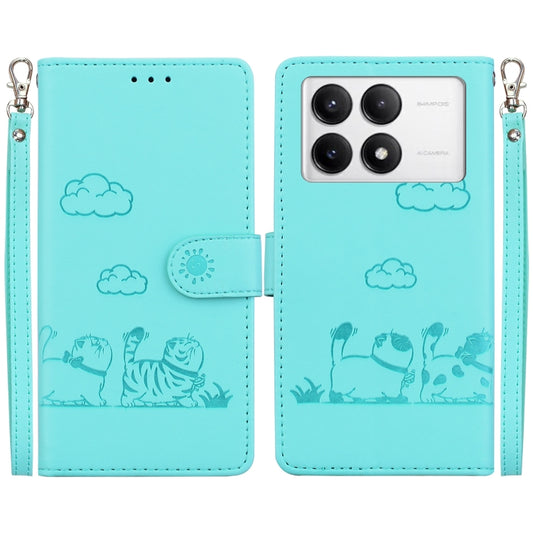 For Redmi K70 / K70 Pro Cute Cats RFID Leather Phone Case(Green) - Xiaomi Cases by buy2fix | Online Shopping UK | buy2fix