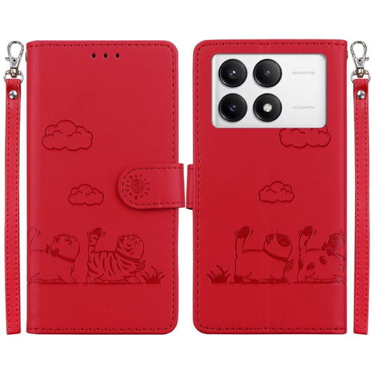 For Redmi K70 / K70 Pro Cute Cats RFID Leather Phone Case(Red) - Xiaomi Cases by buy2fix | Online Shopping UK | buy2fix