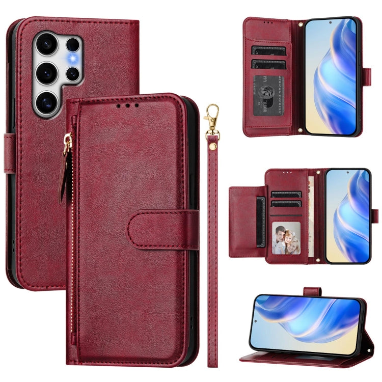 For Samsung Galaxy S25 Ultra 5G Multi-Card Slots Zipper Wallet Leather Phone Case(Dark Red) by buy2fix