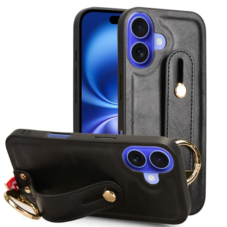For iPhone 16 Wristband Leather Back Phone Case(Black) by buy2fix