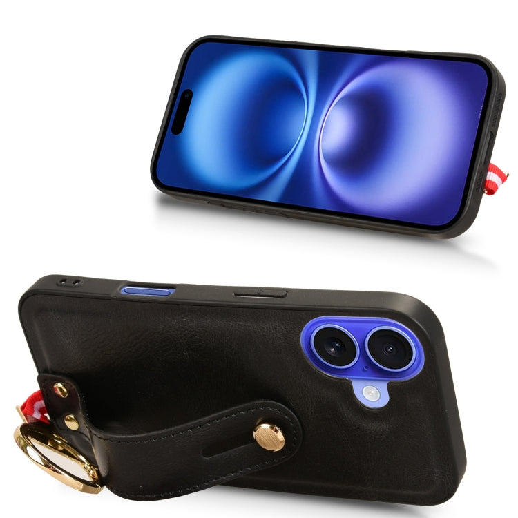 For iPhone 16 Wristband Leather Back Phone Case(Black) by buy2fix