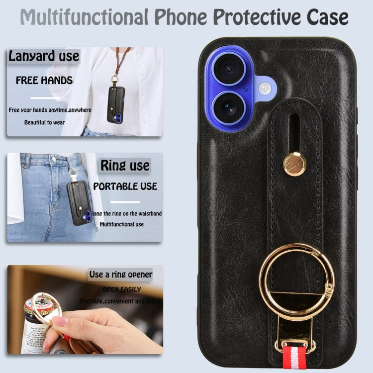 For iPhone 16 Wristband Leather Back Phone Case(Black) by buy2fix