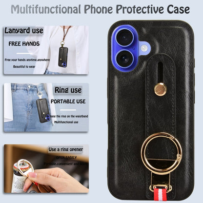 For iPhone 16 Wristband Leather Back Phone Case(Black) by buy2fix