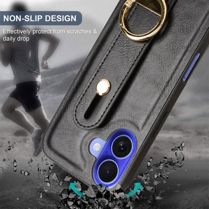 For iPhone 16 Wristband Leather Back Phone Case(Black) by buy2fix