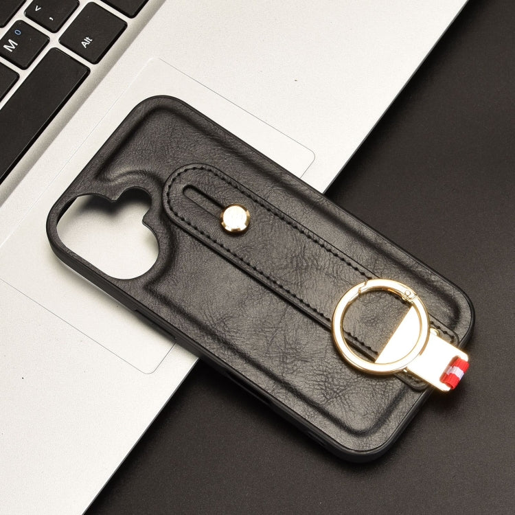 For iPhone 16 Wristband Leather Back Phone Case(Black) by buy2fix