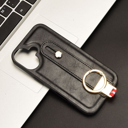 For iPhone 16 Wristband Leather Back Phone Case(Black) by buy2fix