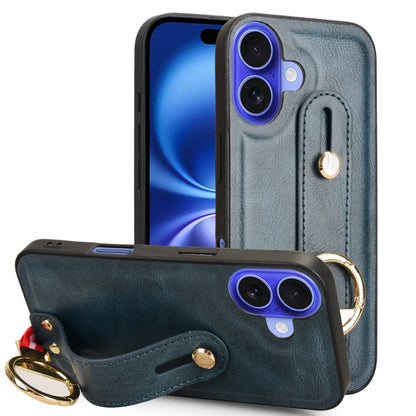 For iPhone 16 Wristband Leather Back Phone Case(Blue) by buy2fix
