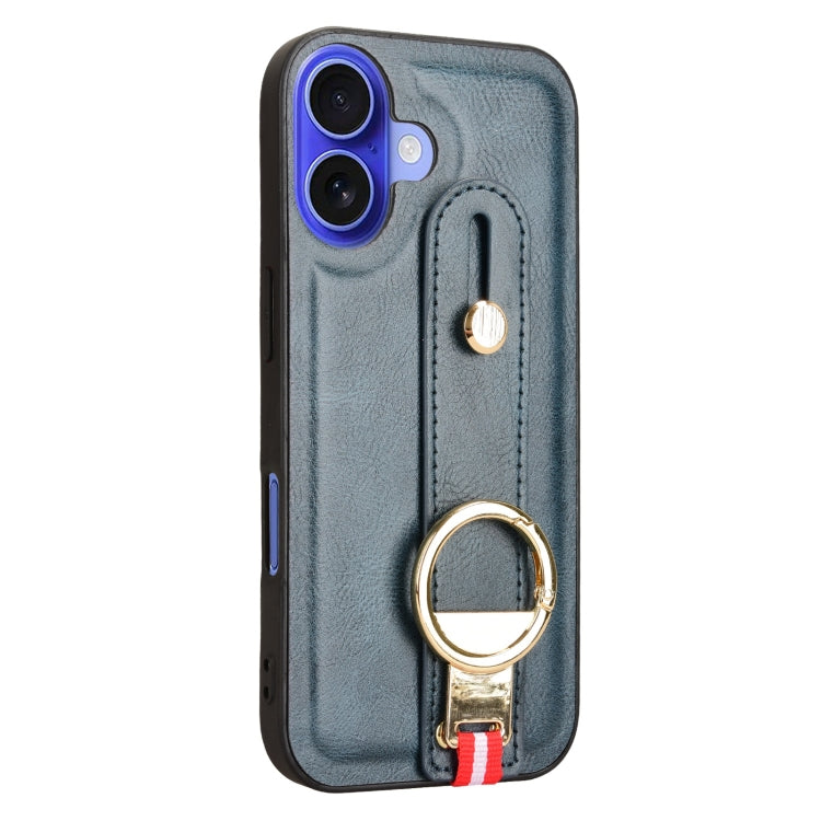 For iPhone 16 Wristband Leather Back Phone Case(Blue) by buy2fix