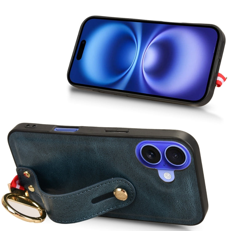 For iPhone 16 Wristband Leather Back Phone Case(Blue) by buy2fix