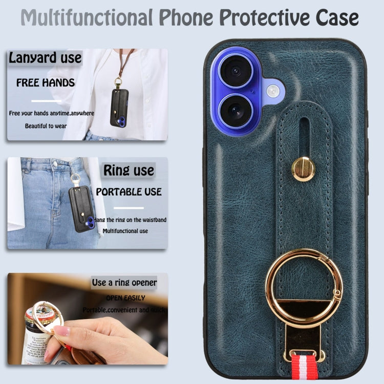 For iPhone 16 Wristband Leather Back Phone Case(Blue) by buy2fix