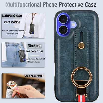 For iPhone 16 Wristband Leather Back Phone Case(Blue) by buy2fix