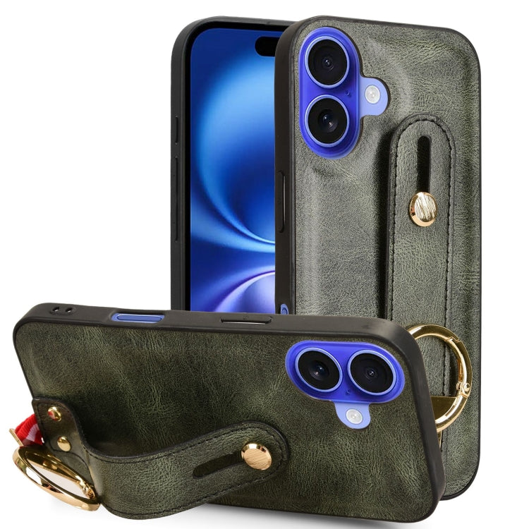 For iPhone 16 Wristband Leather Back Phone Case(Green) by buy2fix