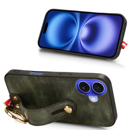 For iPhone 16 Wristband Leather Back Phone Case(Green) by buy2fix