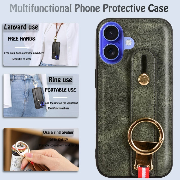For iPhone 16 Wristband Leather Back Phone Case(Green) by buy2fix