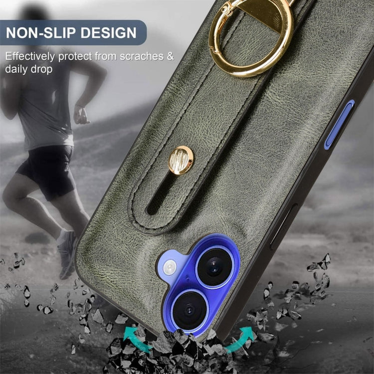 For iPhone 16 Wristband Leather Back Phone Case(Green) by buy2fix
