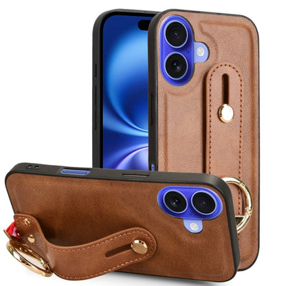 For iPhone 16 Wristband Leather Back Phone Case(Brown) by buy2fix