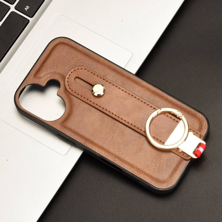 For iPhone 16 Wristband Leather Back Phone Case(Brown) by buy2fix