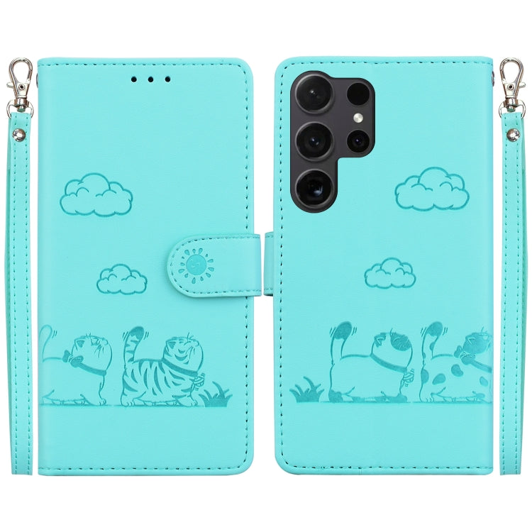 For Samsung Galaxy S25 Ultra 5G Cute Cats RFID Leather Phone Case(Green) by buy2fix