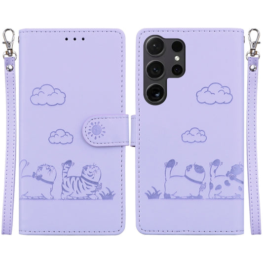 For Samsung Galaxy S25 Ultra 5G Cute Cats RFID Leather Phone Case(Purple) by buy2fix
