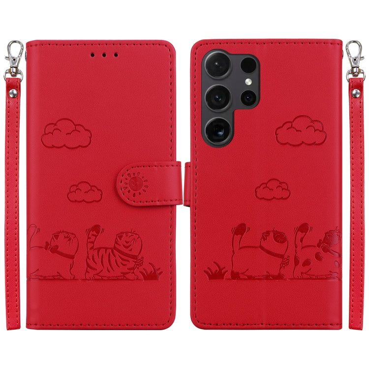 For Samsung Galaxy S25 Ultra 5G Cute Cats RFID Leather Phone Case(Red) by buy2fix