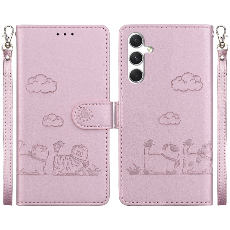 For Samsung Galaxy S25 5G Cute Cats RFID Leather Phone Case(Rose Gold) by buy2fix