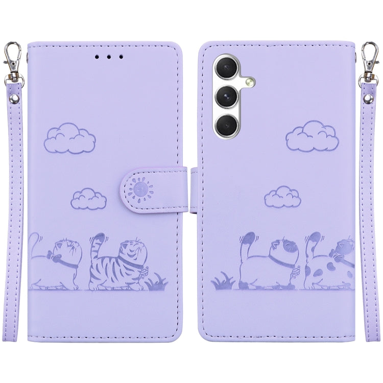 For Samsung Galaxy S25 5G Cute Cats RFID Leather Phone Case(Purple) by buy2fix