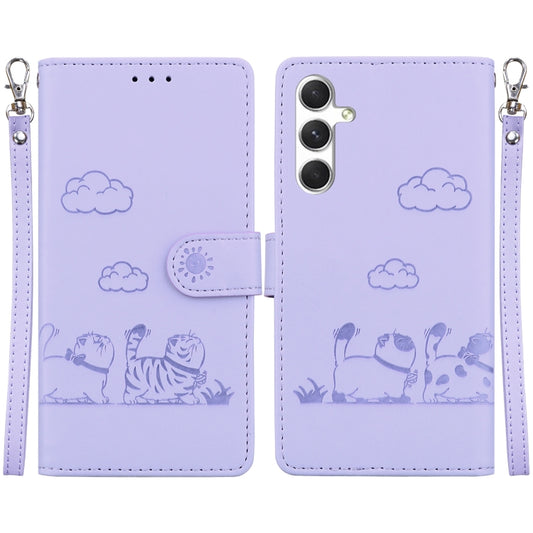 For Samsung Galaxy S25 5G Cute Cats RFID Leather Phone Case(Purple) by buy2fix